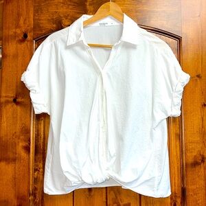 Voile Short Sleeve Front Twist Button Up Shirt in White